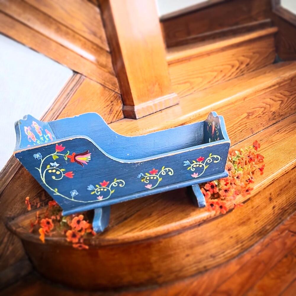 Vintage Hand Painted Folk Art Blue Paint Wood Cradle Decor